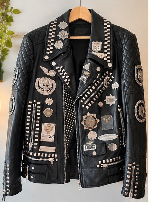 Diesel Black Gold Leather Biker Jacket with Metal Badges
